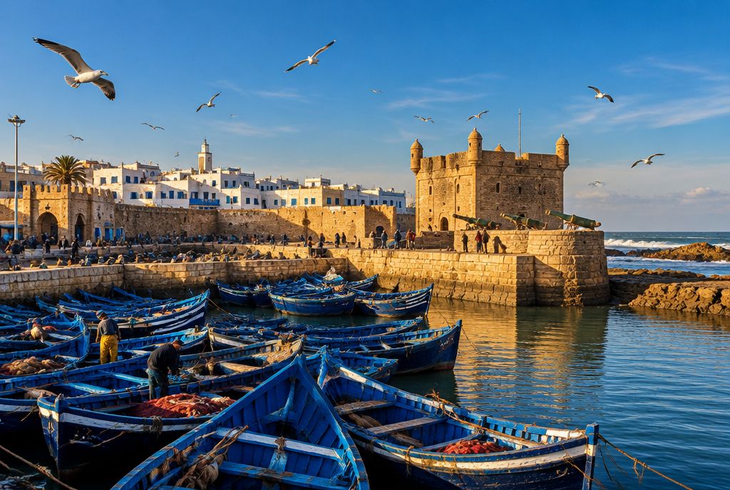 Port et remparts d'Essaouira face à l'océan Atlantique, excursion depuis Marrakech